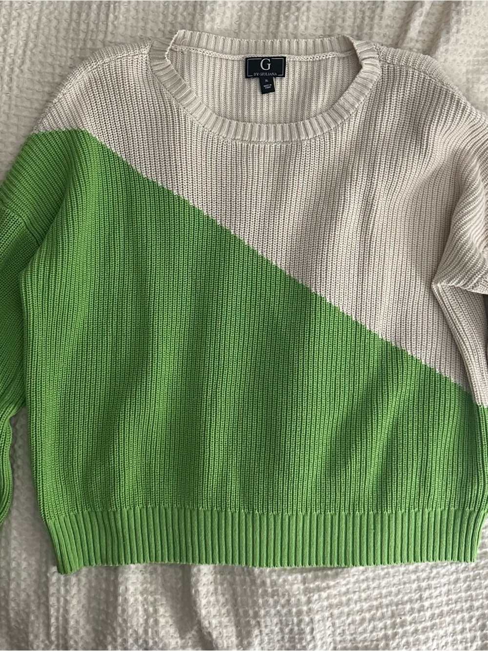 G by Giuliana Lime Green and Cream Diagonal Colorblock Crewneck Sweater